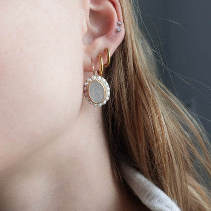 Etched Mother of Pearl & Pearl Halo Drop Earrings in 14K Yellow Gold