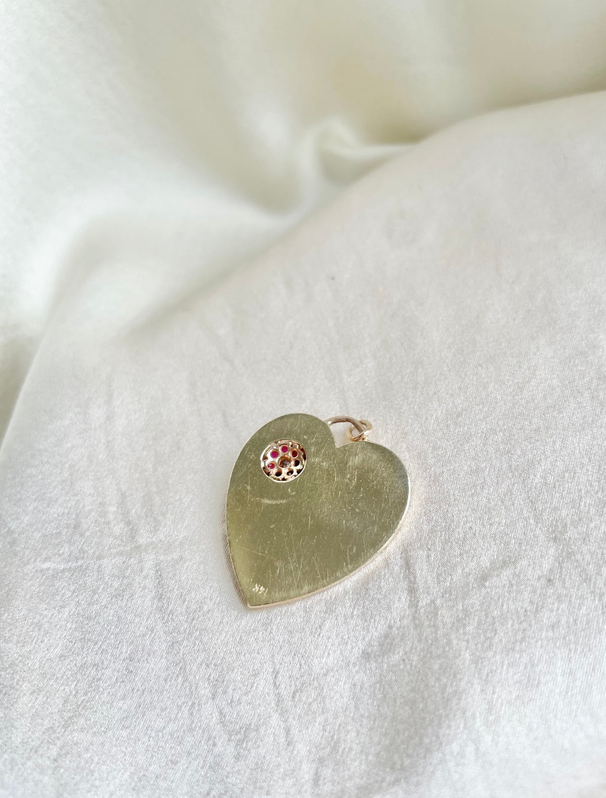 Oversized 14K Gold Heart Pendant with Ruby Floral Accent