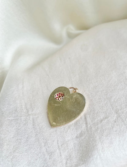 Oversized 14K Gold Heart Pendant with Ruby Floral Accent