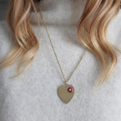 Oversized 14K Gold Heart Pendant with Ruby Floral Accent