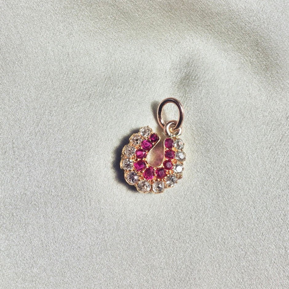 Edwardian Ruby & Old Mine Cut Diamond Horseshoe Pendant