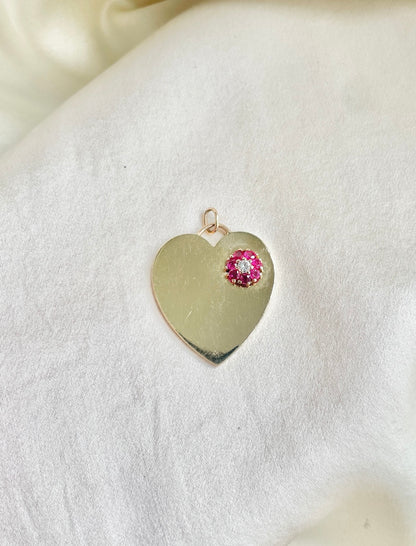 Oversized 14K Gold Heart Pendant with Ruby Floral Accent