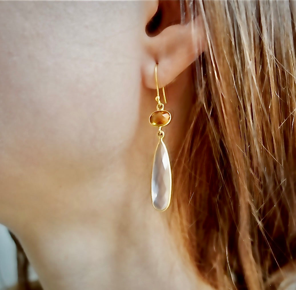 18K Citrine & Rose Quartz Drop Earrings